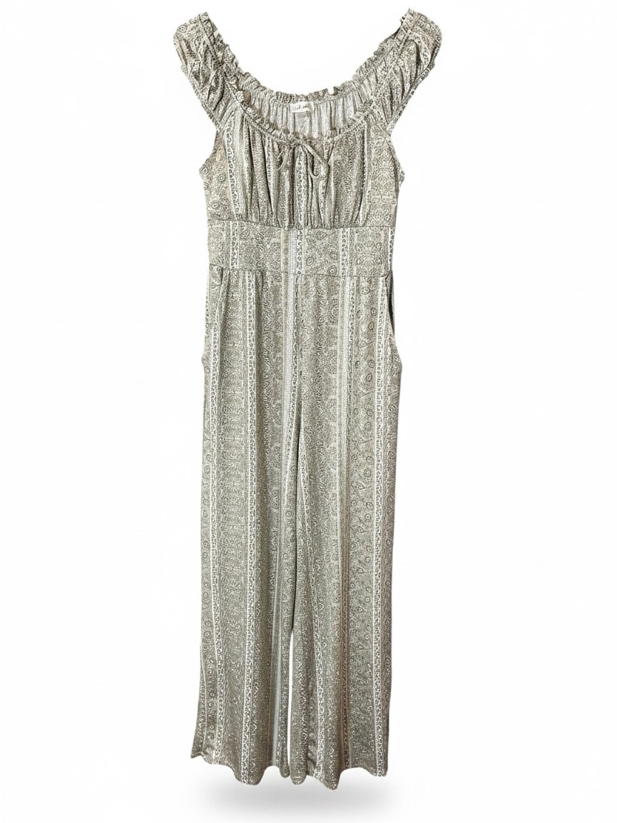 Derek Heart Cream & Sage Green Printed Smocked Wide-Leg Jumpsuit